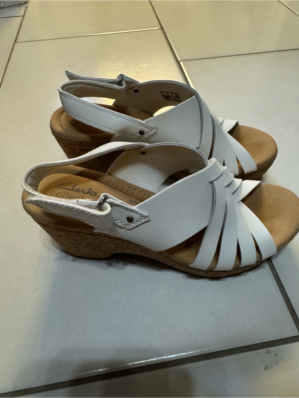 Clarks White Leather Cork-Look Wedge Sandals